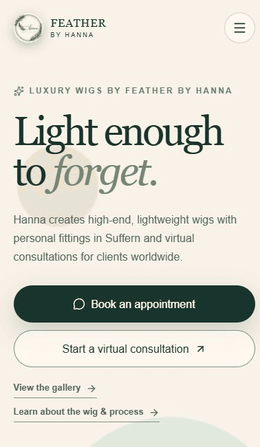 Feather by Hanna homepage shown on mobile